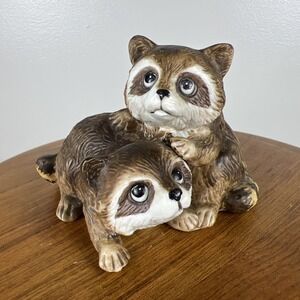 Vintage Homco Raccoons Figurine 1454 Playful Babies Collectible Porcelain 3"